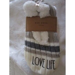 Rae Dunn Love Life Slipper Socks NWT Size 5-7 S/M cozy  socks grey white stripe